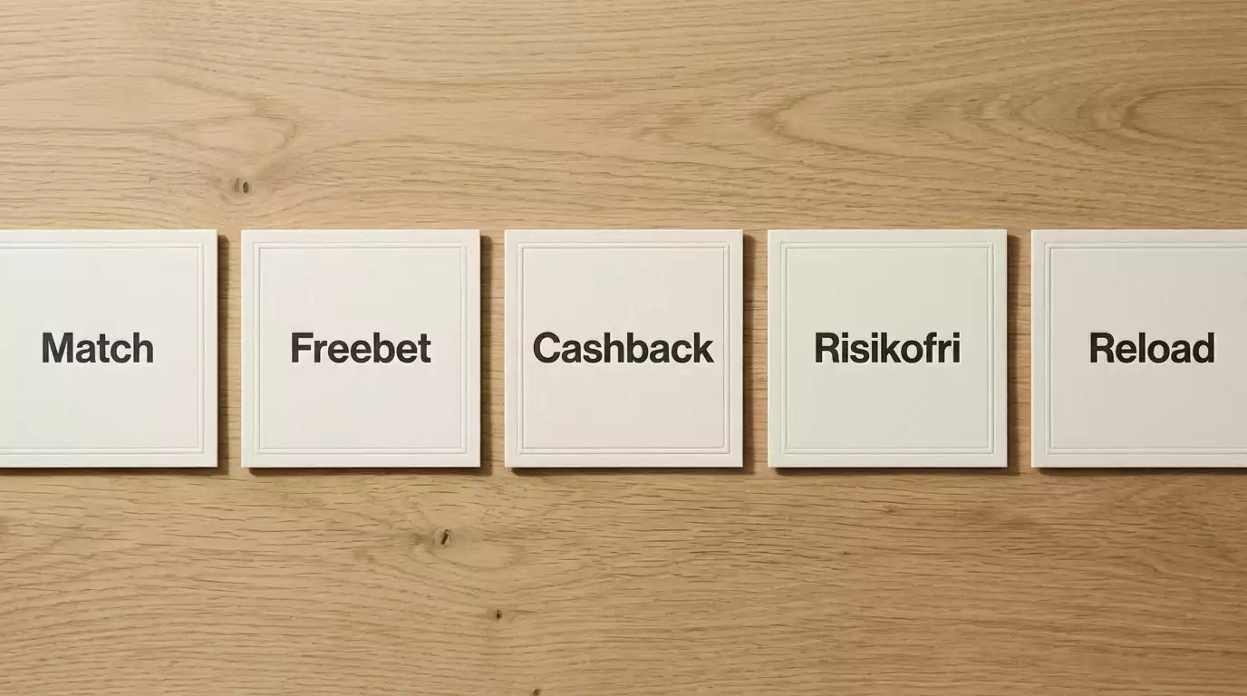 Fem bonustyper hos danske bookmakere — indbetalingsmatch, freebet, cashback, risikofrit og reload